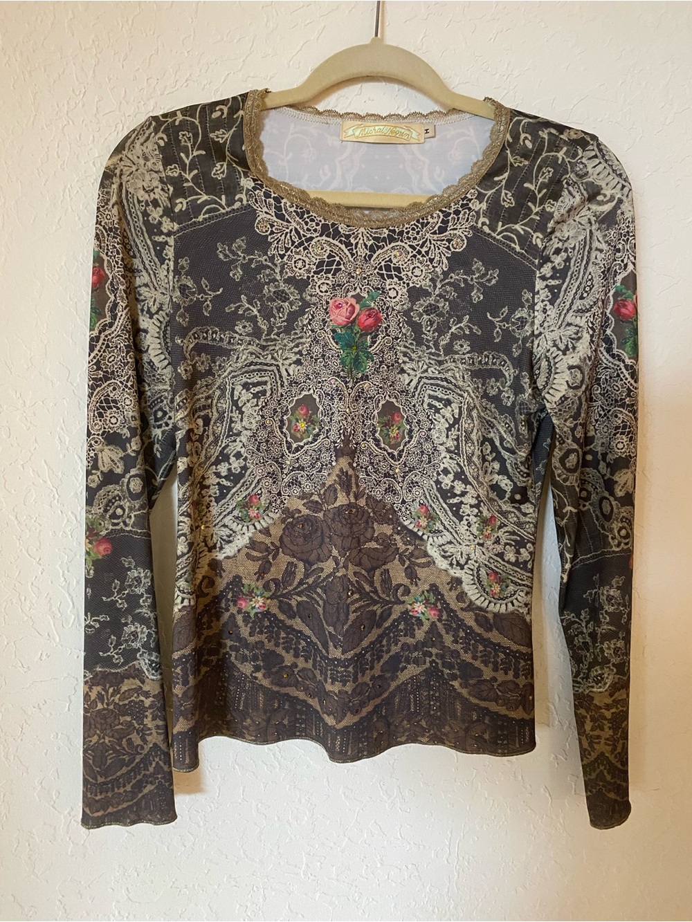 Boho Lace-Print Long Sleeve Top with Pink Rose Accents